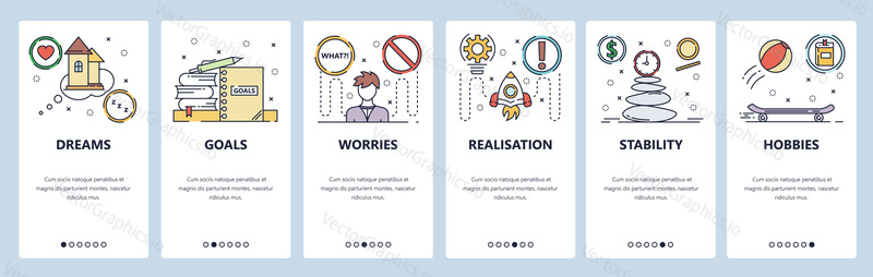 Onboarding for web site and mobile app. Menu banner vector template for website and application development. Dreams, Goals, Worries, Realisation, Stability, Hobbies walkthrough screens.Thin line art.