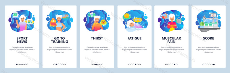 Mobile app onboarding screens. Sport news, training, fatigue, muscular pain, score, game. Menu vector banner template for website and mobile development. Web site design flat illustration.