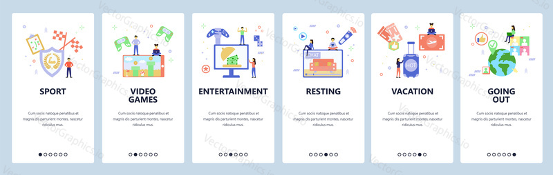 Travel and vacation web site and mobile app onboarding screens. Menu banner vector template for website and application development. screens. Flat style design.