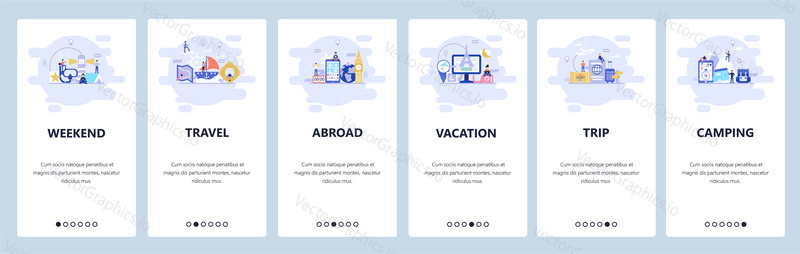 Mobile app onboarding screens. Vacation, travel destinations, weekend camping. Menu vector banner template for website and mobile development. Web site design flat illustration.