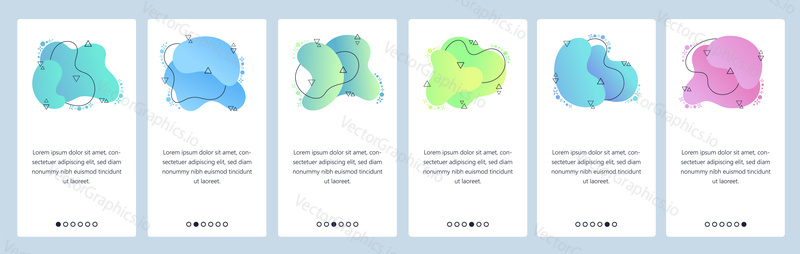Website and mobile app onboarding screens. Menu banner vector template for web site and application development with trendy blue, pink and green gradient abstract dynamic fluid shapes.