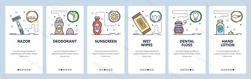 Mobile app onboarding screens. Bathroom accessories, razor, dental floss, hand lotion. Menu vector banner template for website and mobile development. Web site design flat illustration.