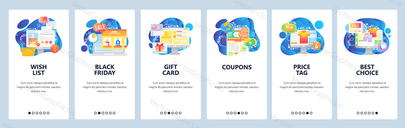 Mobile app onboarding screens. Online shopping, store wish list, price tag, black friday sale, coupons. Vector banner template for website and mobile development. Web site design flat illustration.