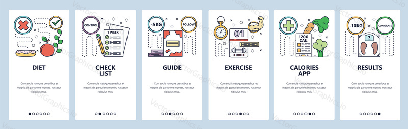 Mobile app onboarding screens. Healthy diet and fitness exercise, calories control, weights loss. Menu vector banner template for website and mobile development. Web site design flat illustration.