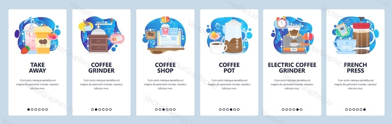 Mobile app onboarding screens. Take away coffee cup, french press, coffee grinder. Menu vector banner template for website and mobile development. Web site design flat illustration.