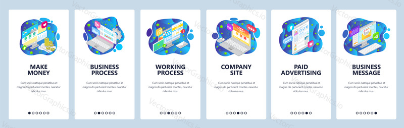 Onboarding for company website and mobile app. Menu banner vector template for web site and application development. Make money, Business and working processes and other walkthrough screens.
