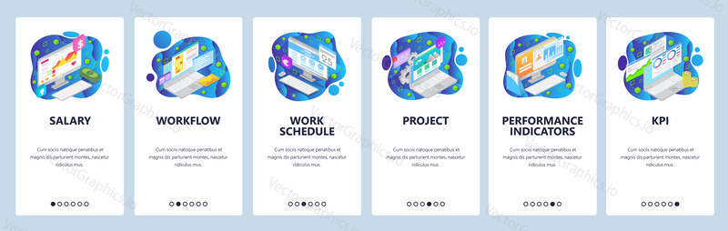 Business project web site and mobile app onboarding screens. Menu banner vector template for website and application development with blue gradient abstract shapes. Workflow, schedule, salary, kpi.