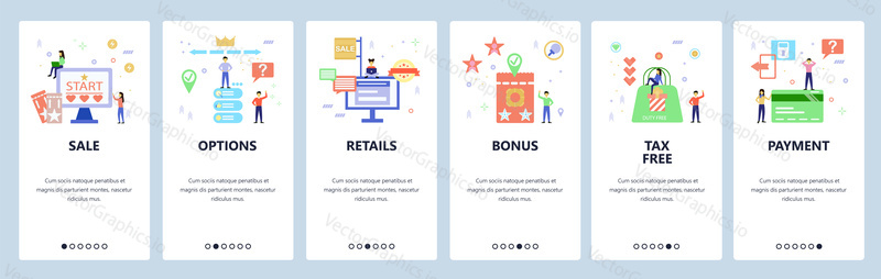 Onboarding for web site, mobile app. Menu banner vector template for website and application development. Sale, Options, Retails, Bonus, Tax free, Payment walkthrough screens. Flat style design.