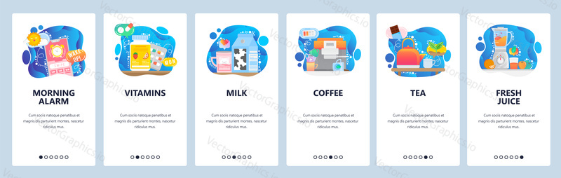 Mobile app onboarding screens. Wake up alarm clock, morning breakfast and drink, hot coffee and tea, milk and fresh juice. Menu vector banner template for website and mobile development. Web site design flat illustration.
