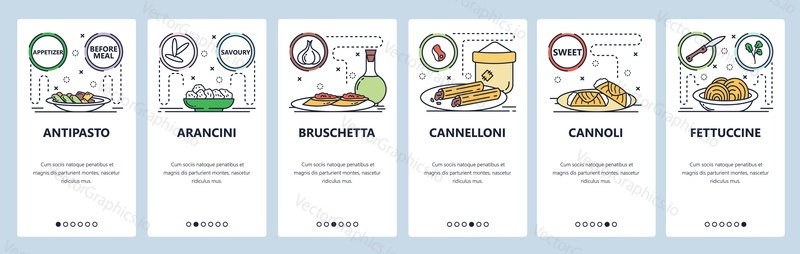 Mobile app onboarding screens. Intalian food cuisine, pasta, bruschetta, cannoli, cannelloni. Menu vector banner template for website and mobile development. Web site design flat illustration.