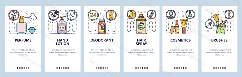 Mobile app onboarding screens. Natural cosmetics, perfume, hair spray, brushes, hand lotion. Menu vector banner template for website and mobile development. Web site design flat illustration.