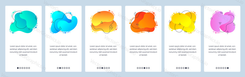 Website and mobile app onboarding screens. Menu banner vector template for web site and application development with trendy blue, yellow and pink gradient abstract dynamic fluid shapes.