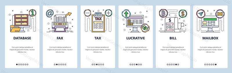 Mobile app onboarding screens. Business and computer technology icons, fax machine, database, financial bill. Menu vector banner template for website and mobile development. Web site design flat illustration.