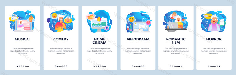 Movie web site and mobile app onboarding screens. Menu banner vector template for website and application development with blue gradient dynamic liquid abstract shapes.