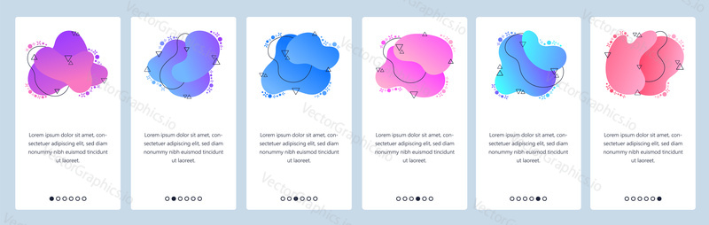 Website and mobile app onboarding screens. Menu banner vector template for web site and application development with trendy purple, blue and pink gradient abstract dynamic fluid shapes.