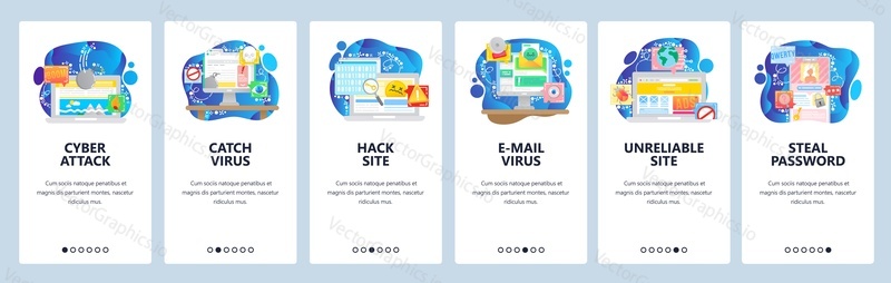 Mobile app onboarding screens. Cyber security, virus attack, hacker, password protection, phone lock, email malware. Menu vector banner template for website and mobile development. Web site design flat illustration.