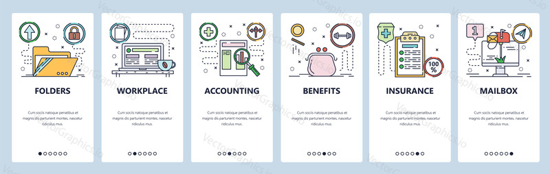Onboarding for web site and mobile app. Menu banner vector template for website and application development. Folders Workplace Accounting Benefits Insurance Mailbox screens. Thin line art flat style.