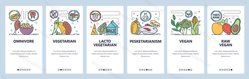Mobile app onboarding screens. Food diet, vegan, vegetarian, pescatarian. Menu vector banner template for website and mobile development. Web site design flat illustration.