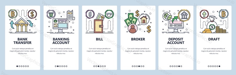 Mobile app onboarding screens. Banking icons, money transfer, banking accounts, broker trading, currency bill. Menu vector banner template for website and mobile development. Web site design flat illustration.