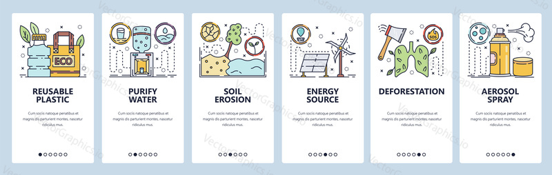 Mobile app onboarding screens. Soil erosion, forest protection, energy sources, plastic recycle. Menu vector banner template for website and mobile development. Web site design flat illustration.