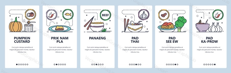 Mobile app onboarding screens. Thai spicy cuisine, food menu, pad thai, panaeng, sauce, rice. Vector banner template for website and mobile development. Web site design flat illustration.