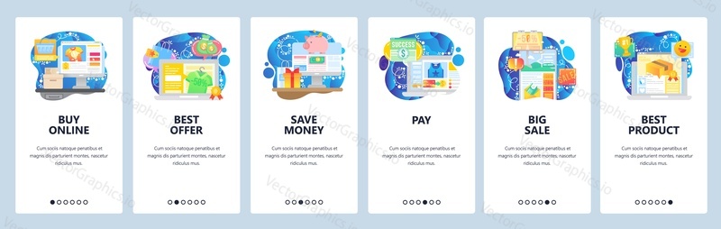 Mobile app onboarding screens. Buy products online, internet store sale, payment, savings. Menu vector banner template for website and mobile development. Web site design flat illustration.