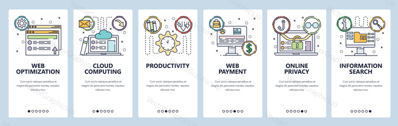 Cloud computing web site and mobile app onboarding screens. Menu banner vector template for website and application development. Thin line art flat style.