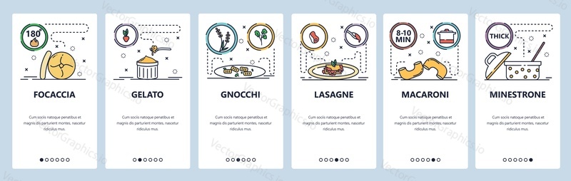 Mobile app onboarding screens. Italian food cooking, italy cuisine, lasagne, macaroni, gelato, focaccia. Menu vector banner template for website and mobile development. Web site design flat illustration.