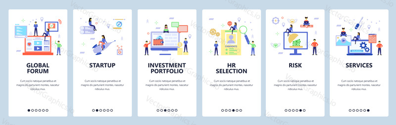 Onboarding for web site, mobile app. Menu banner vector template for website and application development. Startup, HR selection, Global forum, Services, other walkthrough screens. Flat style design.