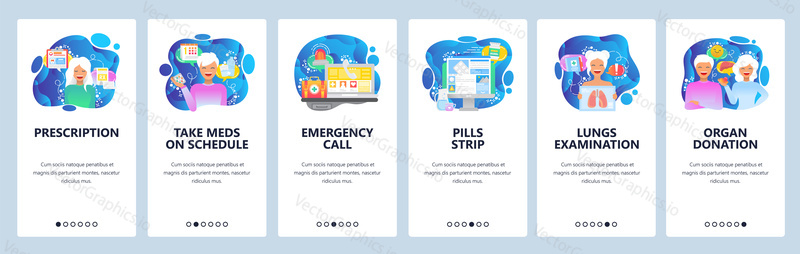Mobile app onboarding screens. Prescription drugs, organ donation, emergency call, first aid. Menu vector banner template for website and mobile development. Web site design flat illustration.