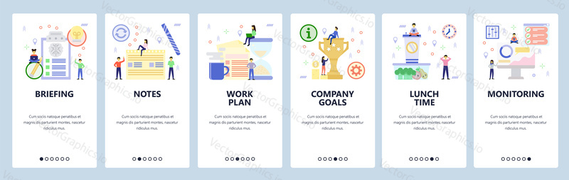 Mobile app onboarding screens. Business plan and briefing, lunch time, teamwork, winner trophy. Menu vector banner template for website and mobile development. Web site design flat illustration.