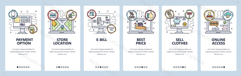 Mobile app onboarding screens. Online shopping, payment option, store location, online access. Menu vector banner template for website and mobile development. Web site design flat illustration.