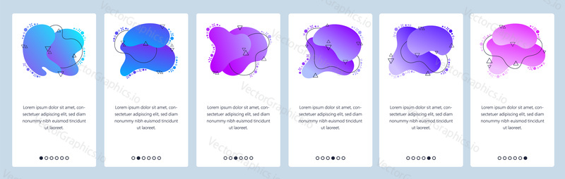 Website and mobile app onboarding screens. Menu banner vector template for web site and application development with trendy blue, navy, purple and violet gradient abstract dynamic fluid shapes.