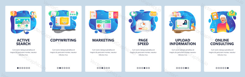 Mobile app onboarding screens. Digital marketing, information search, copywriting, page speed. Menu vector banner template for website and mobile development. Web site design flat illustration.