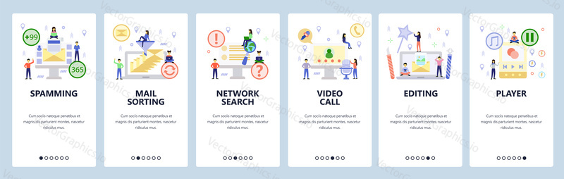 Mobile app onboarding screens. Email spam, video call and podcast, music player. Menu vector banner template for website and mobile development. Web site design flat illustration.