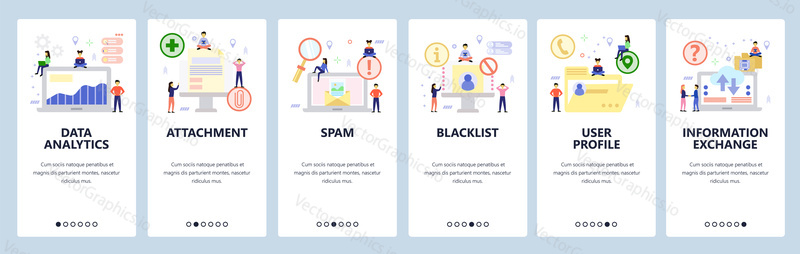 Mobile app onboarding screens. Data analytics and computer technology, email, spam, blacklist. Menu vector banner template for website and mobile development. Web site design flat illustration.