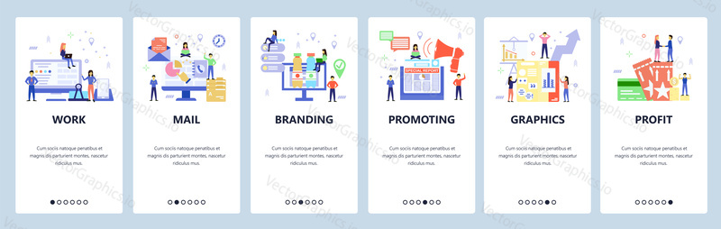 Onboarding for web site, mobile app. Menu banner vector template for website and application development. Branding, Promoting, Graphics other walkthrough screens. Flat style design.
