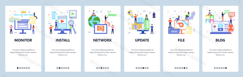 Onboarding for web site, mobile app. Menu banner vector template for website and application development. Monitor, Install, Network, Update, File, Blog walkthrough screens. Flat style design.