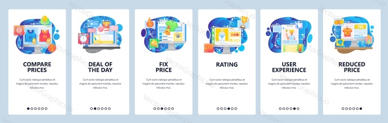 Mobile app onboarding screens. Online store price comparison, deal, video product review, rating, fix price. Menu vector banner template for website and mobile development. Web site design flat illustration.
