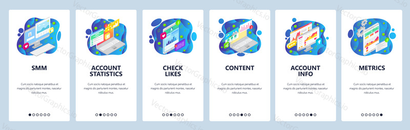 Content marketing web site and mobile app onboarding screens. Menu banner vector template for website and application development with blue fluid shapes. SMM, account statistics, information, metrics.