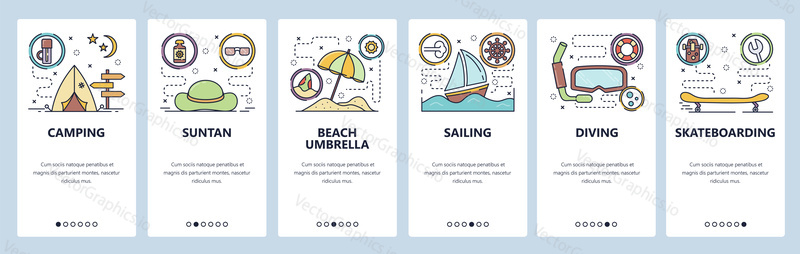 Mobile app onboarding screens. Summer leisure activities, beach vacation, travel and camping, sailing, diving. Menu vector banner template for website and mobile development. Web site design flat illustration.