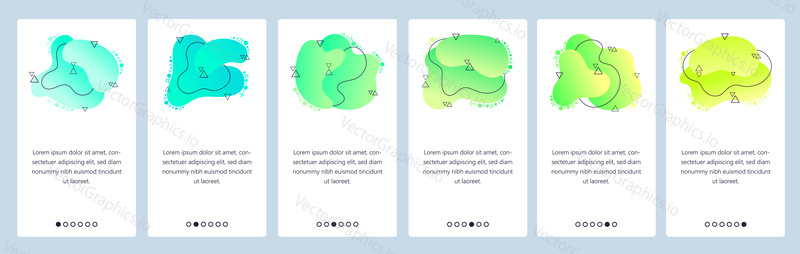 Website and mobile app onboarding screens. Menu banner vector template for web site and application development with trendy blue, yellow and green gradient abstract dynamic fluid shapes.