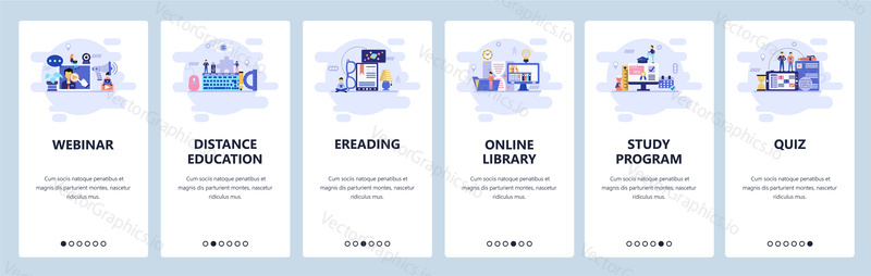 Mobile app onboarding screens. Online education, webinar, e-library and reading, quiz. Menu vector banner template for website and mobile development. Web site design flat illustration.