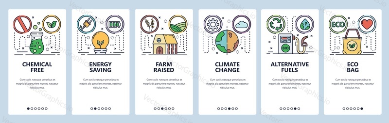Mobile app onboarding screens. Green energy, global warming and climate change, eco bag. Menu vector banner template for website and mobile development. Web site design flat illustration.