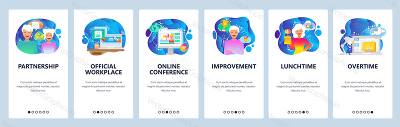 Mobile app onboarding screens. Business and office workplace, couple partnership, online conference, coffee break, overtime. Menu vector banner template for website and mobile development. Web site design flat illustration.