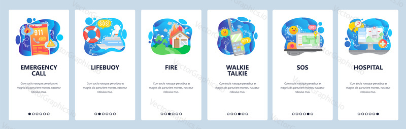Mobile app onboarding screens. Emergency situation, sos signal, phone call, fire and hospital. Menu vector banner template for website and mobile development. Web site design flat illustration.