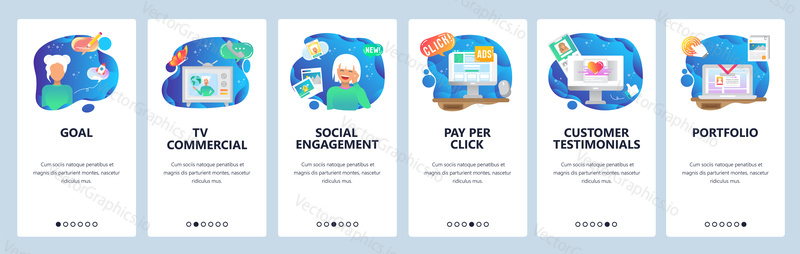 Mobile app onboarding screens. Pay per click, marketing, social engagement, customer review. Menu vector banner template for website and mobile development. Web site design flat illustration.