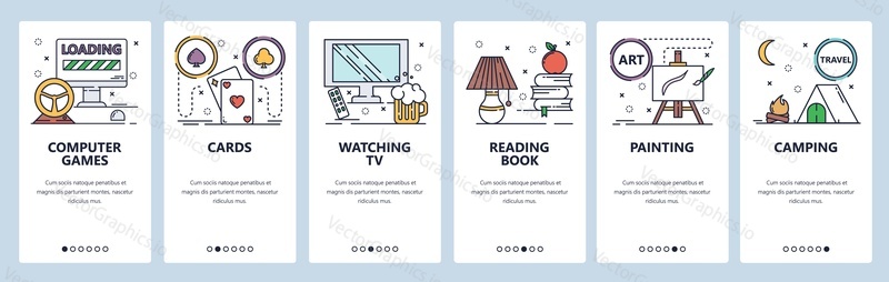 Mobile app onboarding screens. Hobby and leisure activities, computer games, play cards, watch tv, read books. Menu vector banner template for website and mobile development. Web site design flat illustration.
