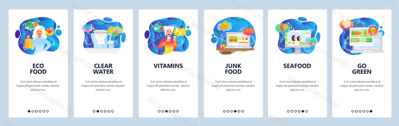 Food web site and mobile app onboarding screens. Menu banner vector template for website and application development with blue gradient dynamic abstract shapes. Healthy eco and junk food, seafood.