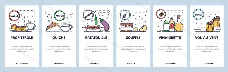 Mobile app onboarding screens. French cuisine and food, profiterole, ratatouille, souffle. Menu vector banner template for website and mobile development. Web site design flat illustration.